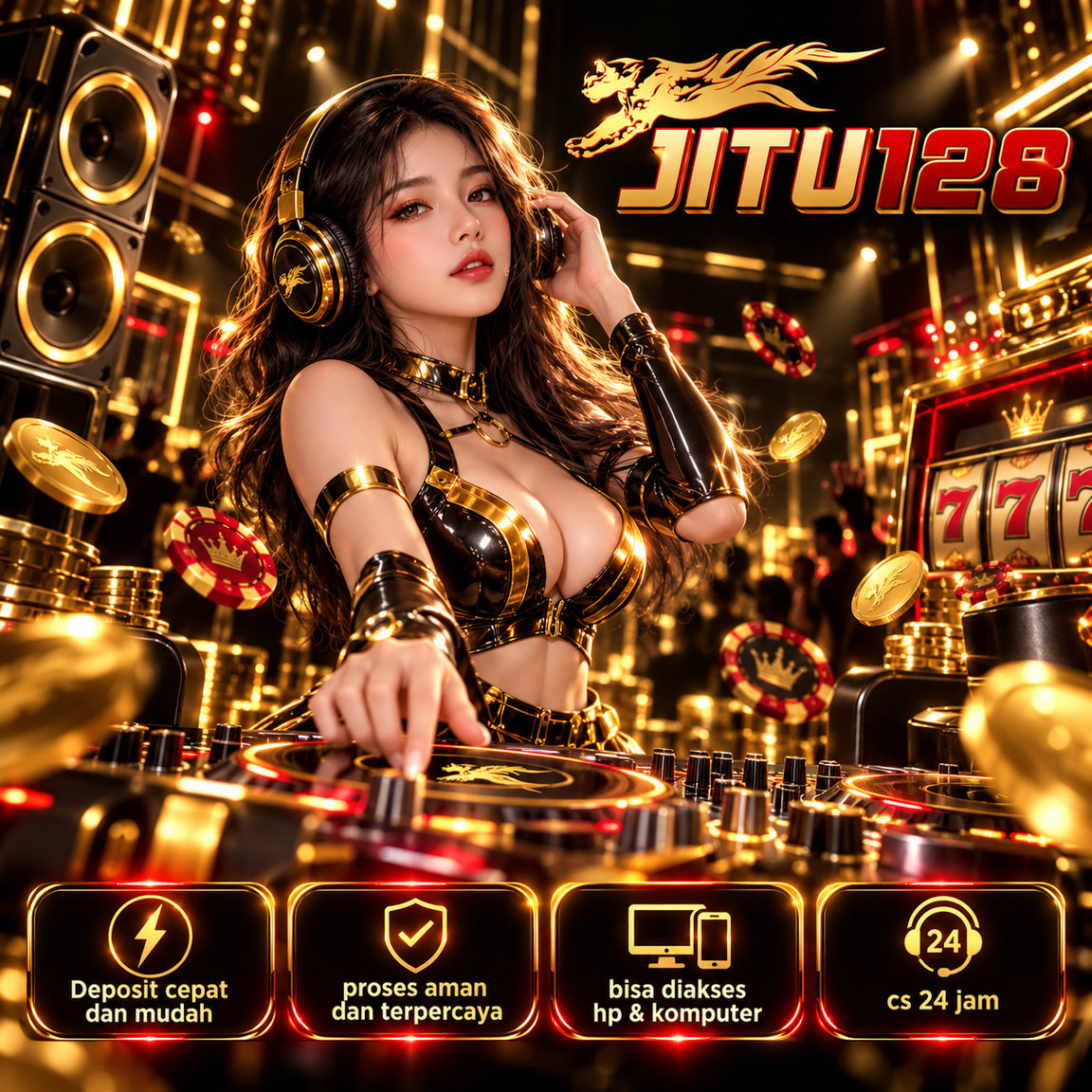 Poster JITU128 bertema DJ dan panggung berkilau emas